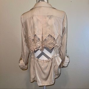 Mystree Crochet Detail Cream Khaki Lightweight Long Sleeve Drawstring Jacket